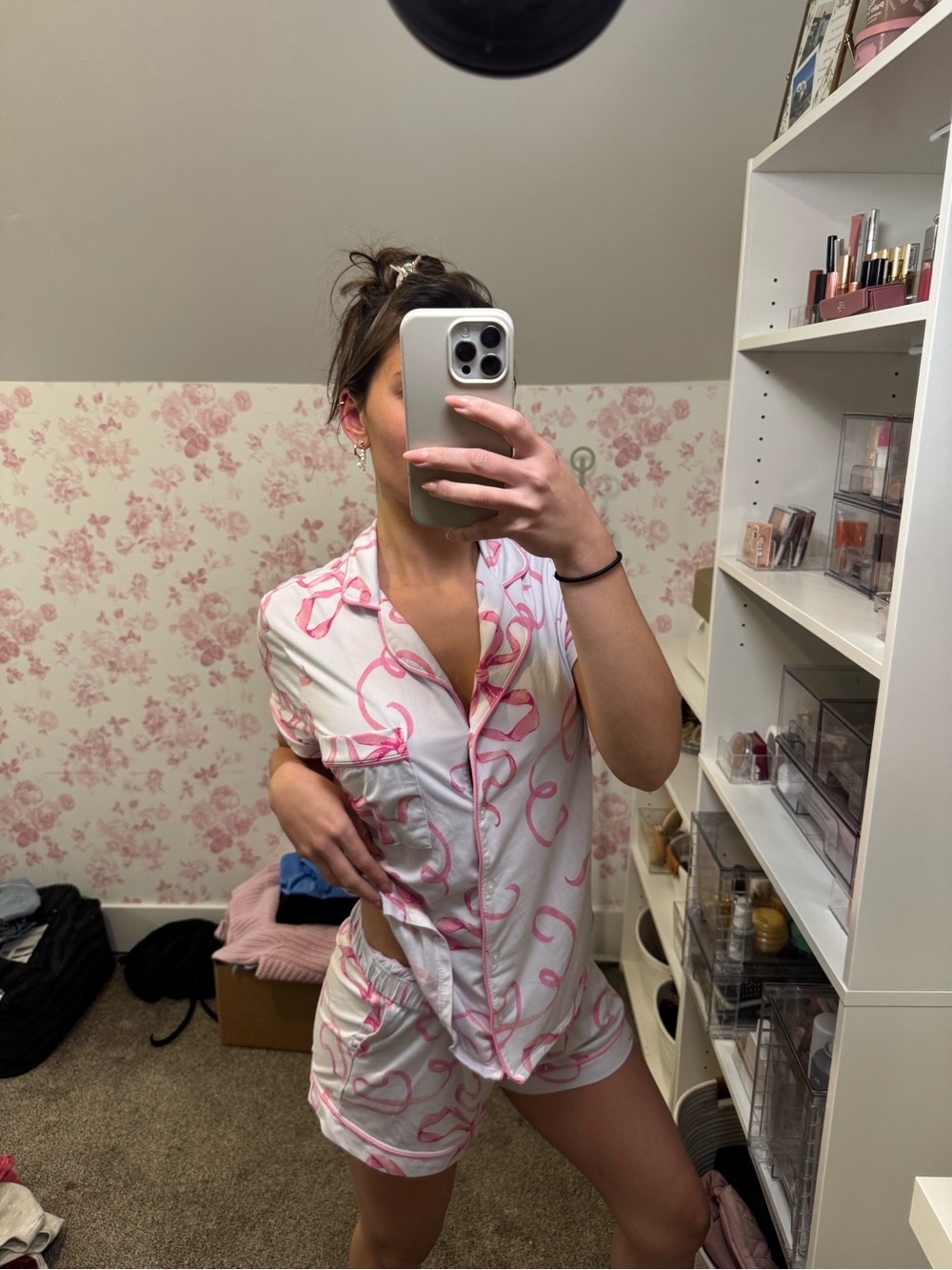 Women's Pink Ribbon-Print Short Pajama Set - Picture 2 of 8